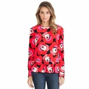 Kate Spade Womens Red Rose Deco Peplum Drop Waist Long Sleeve Blouse Top Size 8